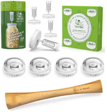 Complete Fermentation Kit | Includes 4 Fermenting Lids (White or Clear Options), 4 NonSlip Grip Fermentation Weights, 1 12-inch Cabbage Tamper