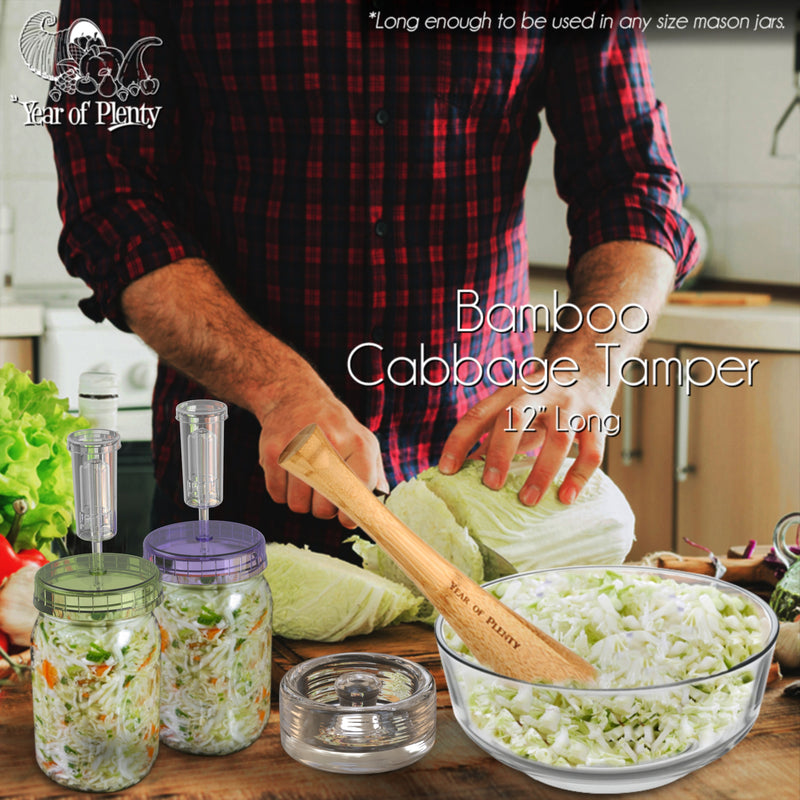 Complete Fermentation Kit | Includes 4 Fermenting Lids (White or Clear Options), 4 NonSlip Grip Fermentation Weights, 1 12-inch Cabbage Tamper