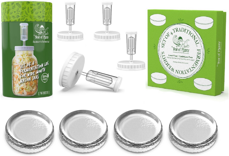 Fermenting Kit - Set of 4 Fermentation Weights and 4 Airlock Lids for Making Sauerkraut in Wide Mouth Mason Jars (Clear or White Options)...