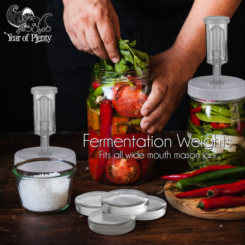 Fermentation Kit, Includes 4 Fermenting Lids (White or Clear Options), 4 Traditional Fermentation Weights, 1 12-inch Cabbage Tamper